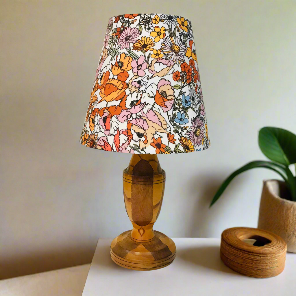 Linen Wildflowers on Vintage Tirned Wood Table Lamp