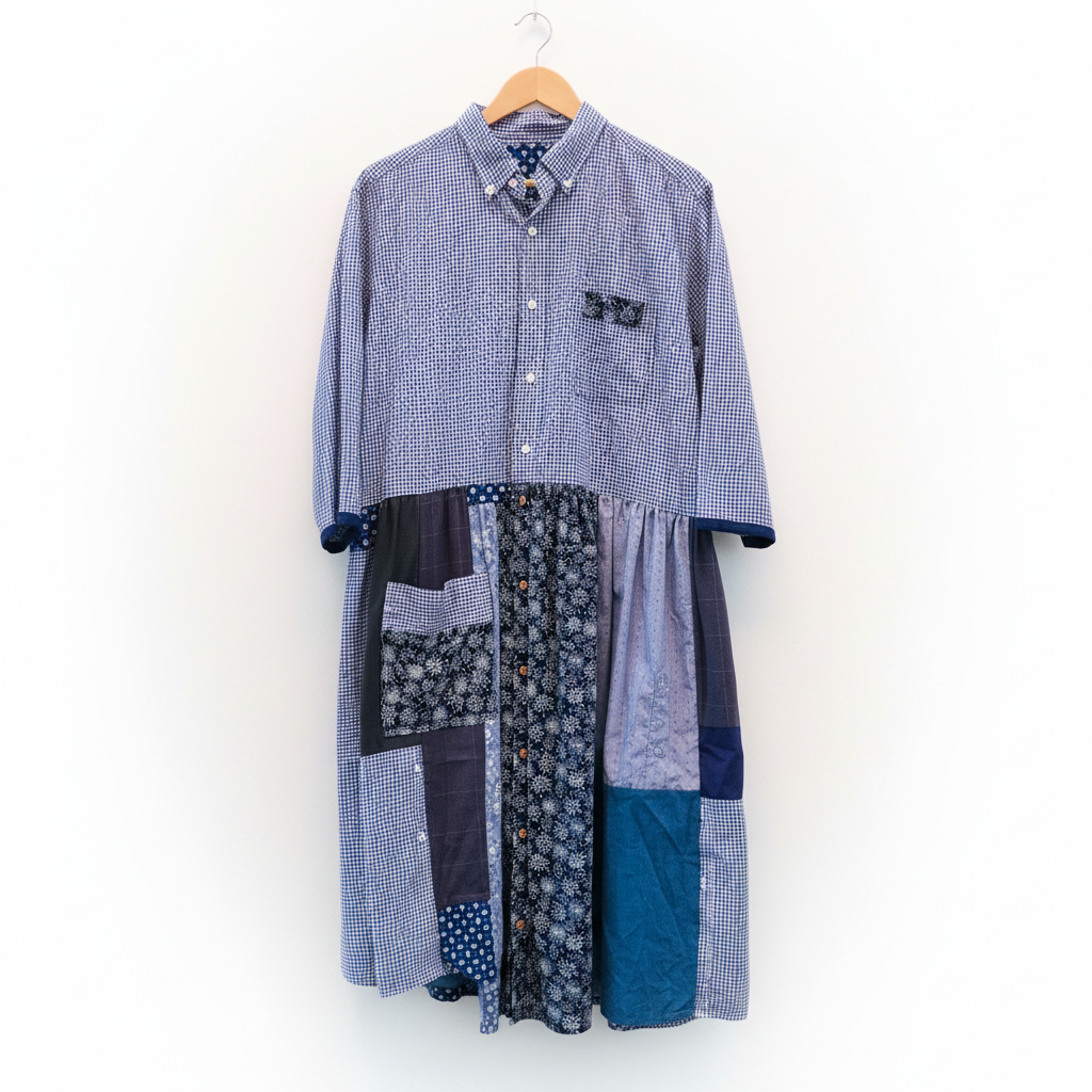 A patchwork long-sleeve button-up shirt dress hanging on a wooden hanger against a plain white wall. The dress features multiple fabric panels in blue, navy, and gray patterns, including gingham, floral, and solid textures.
