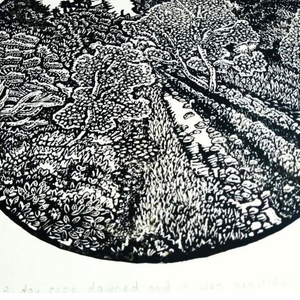 Hand printed original linocut - THE DAY HAS DAWNED AND IT WAS BEAUTIFUL (unframed)