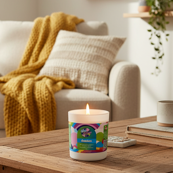 Candle in a colorful container on a wooden table with a cozy living room background