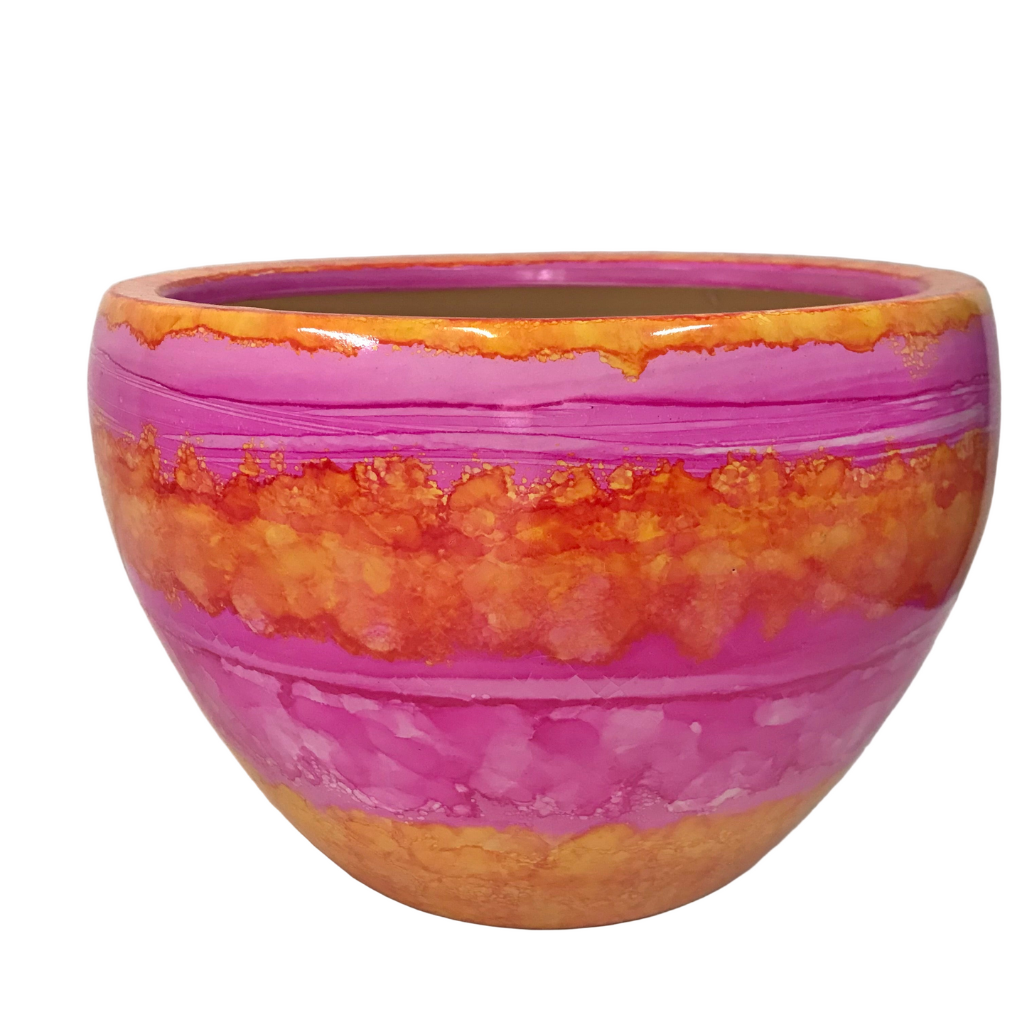Colorful ceramic planter pot with pink and orange gradient on a white background