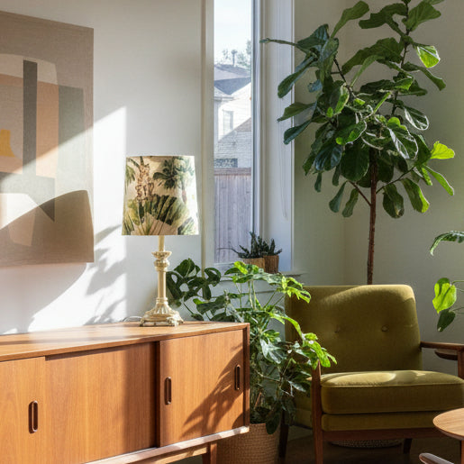 Cream Candlestick Table Lamp with Jungle Palms Shade