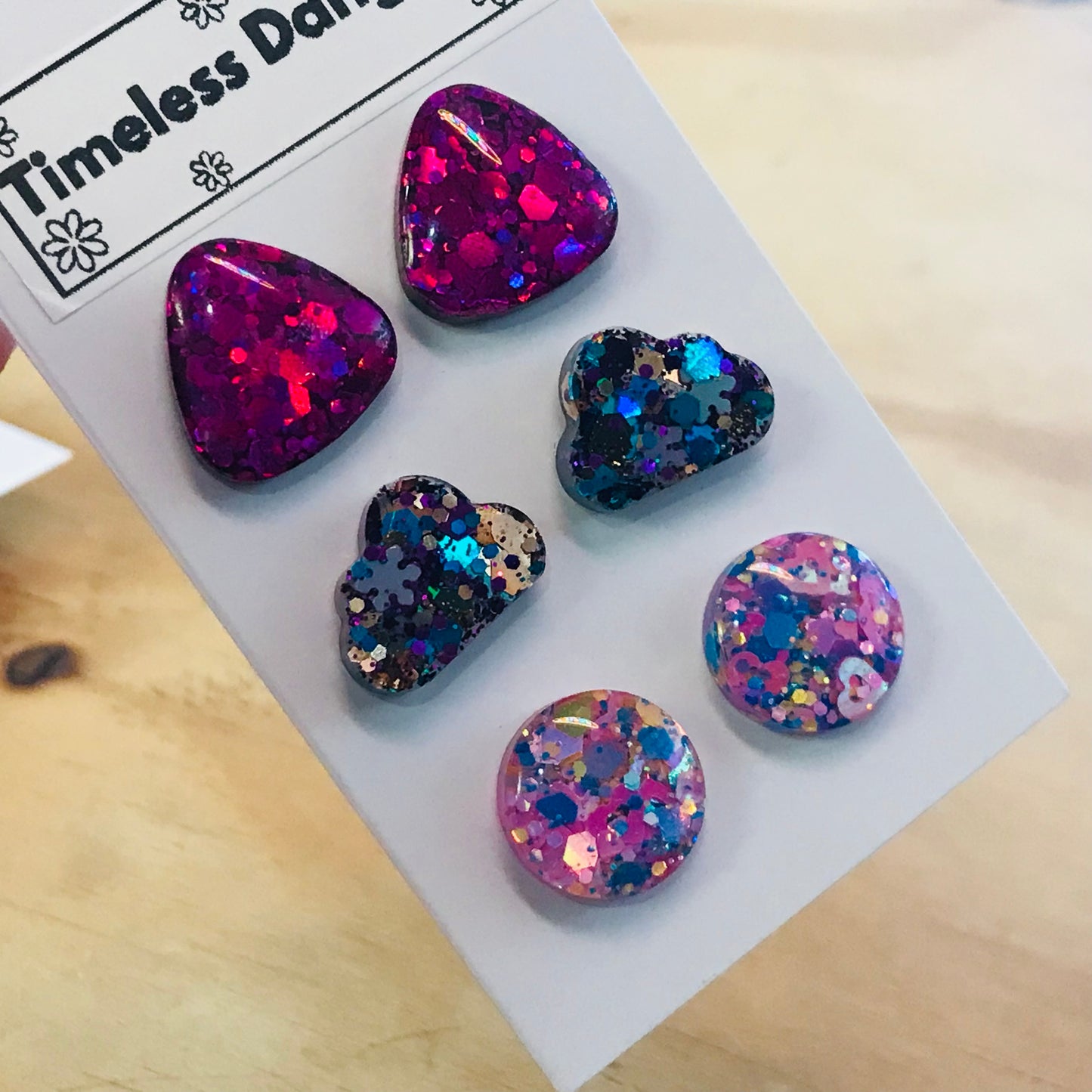 Novelty Resin Sparkle Stud Earrings - triple pack