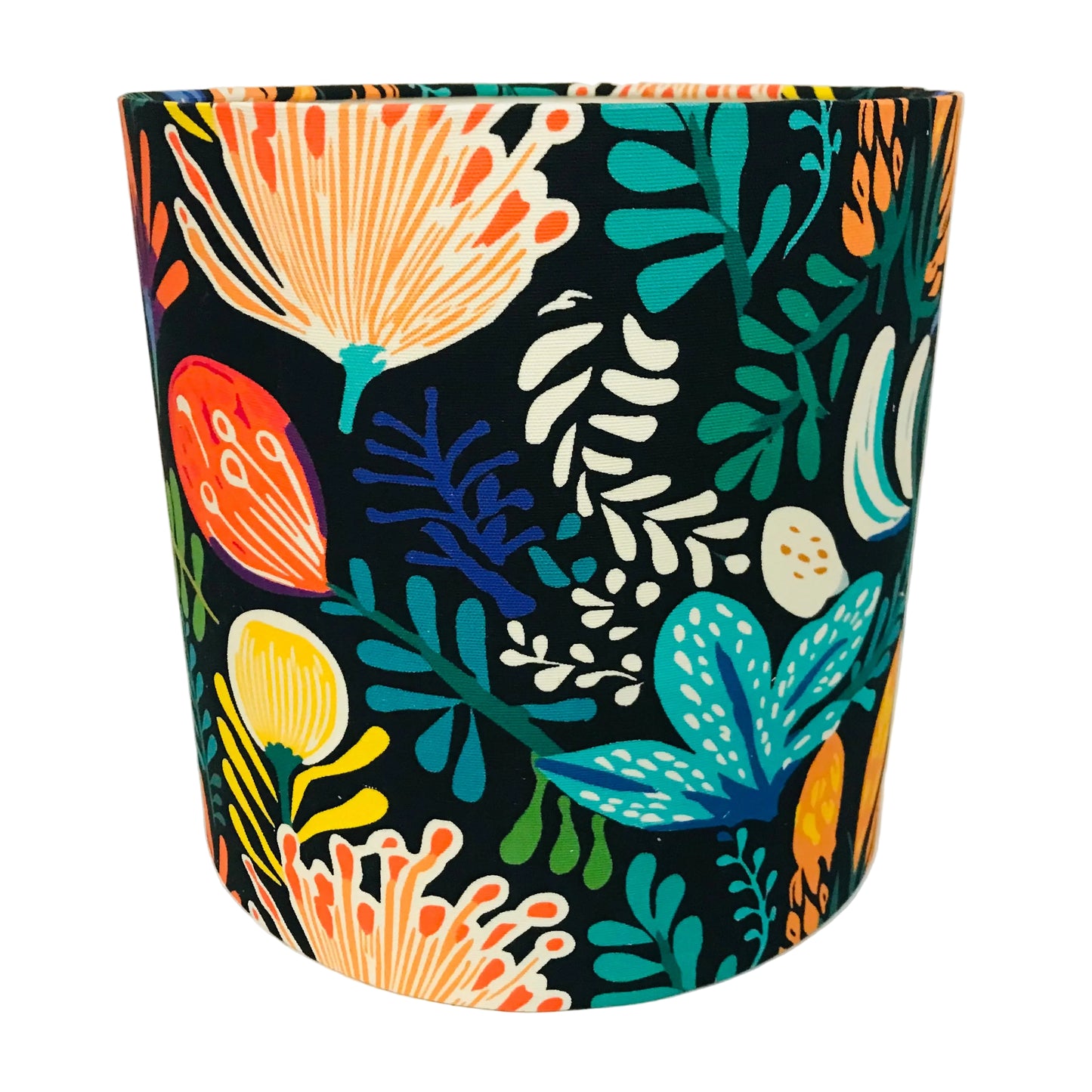 Colorful floral-patterned lampshade on a white background