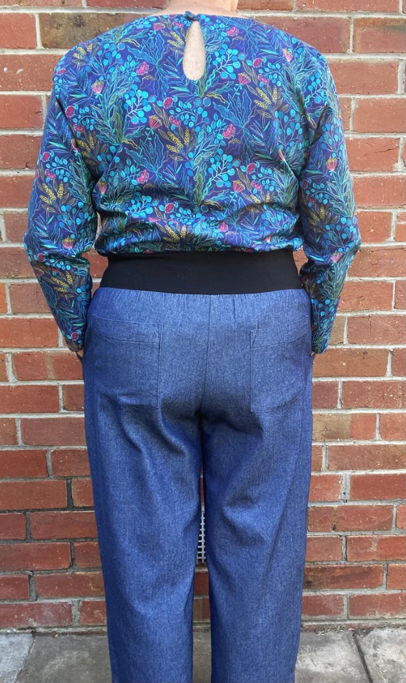 Women's Handmade Band Pants - Blue Denim