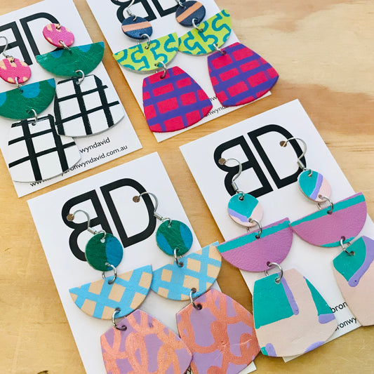 Hand painted leather bold statement earrings - The Juggler