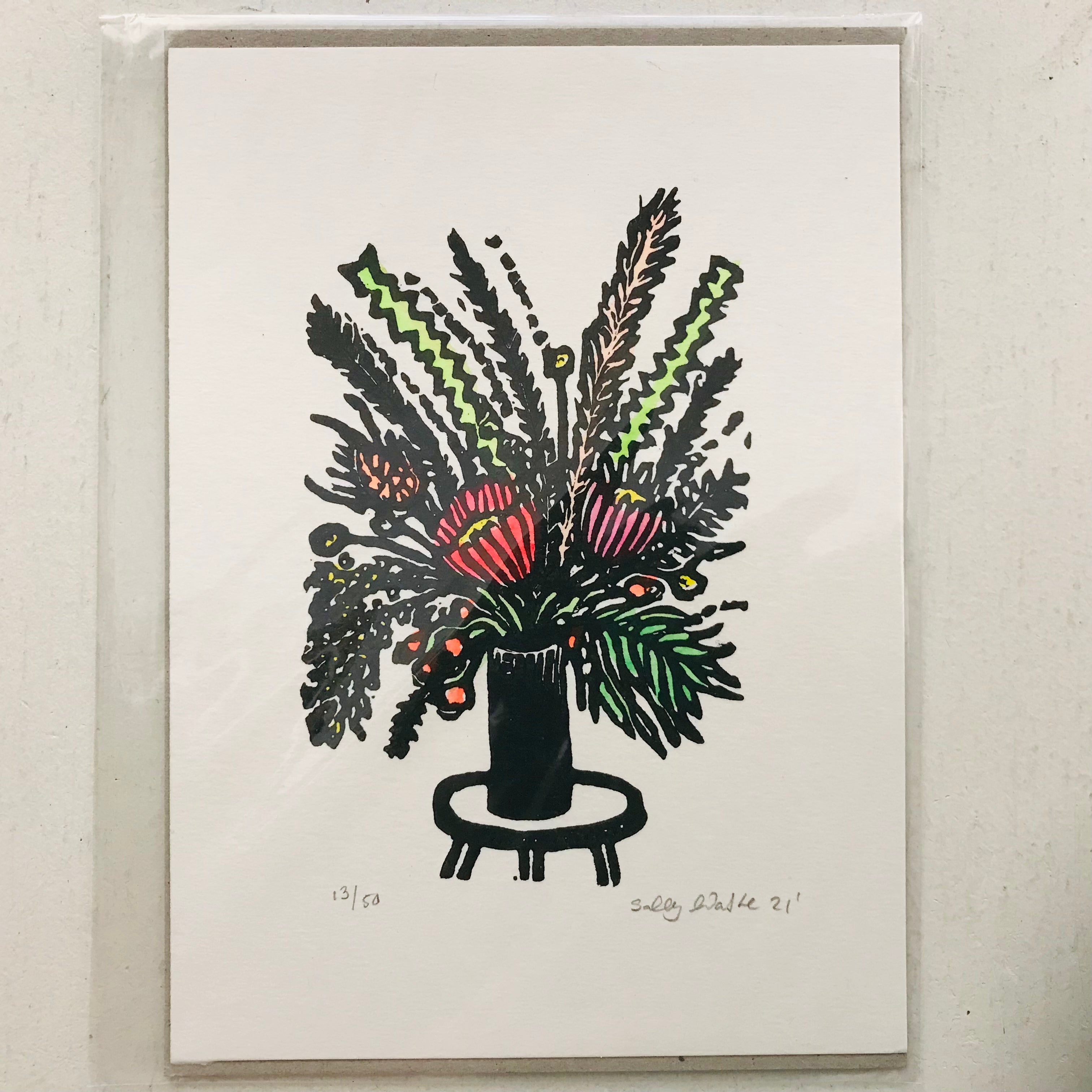 Hand printed & painted original linocut - FLORAL ARRANGEMENT #3 (unframed)