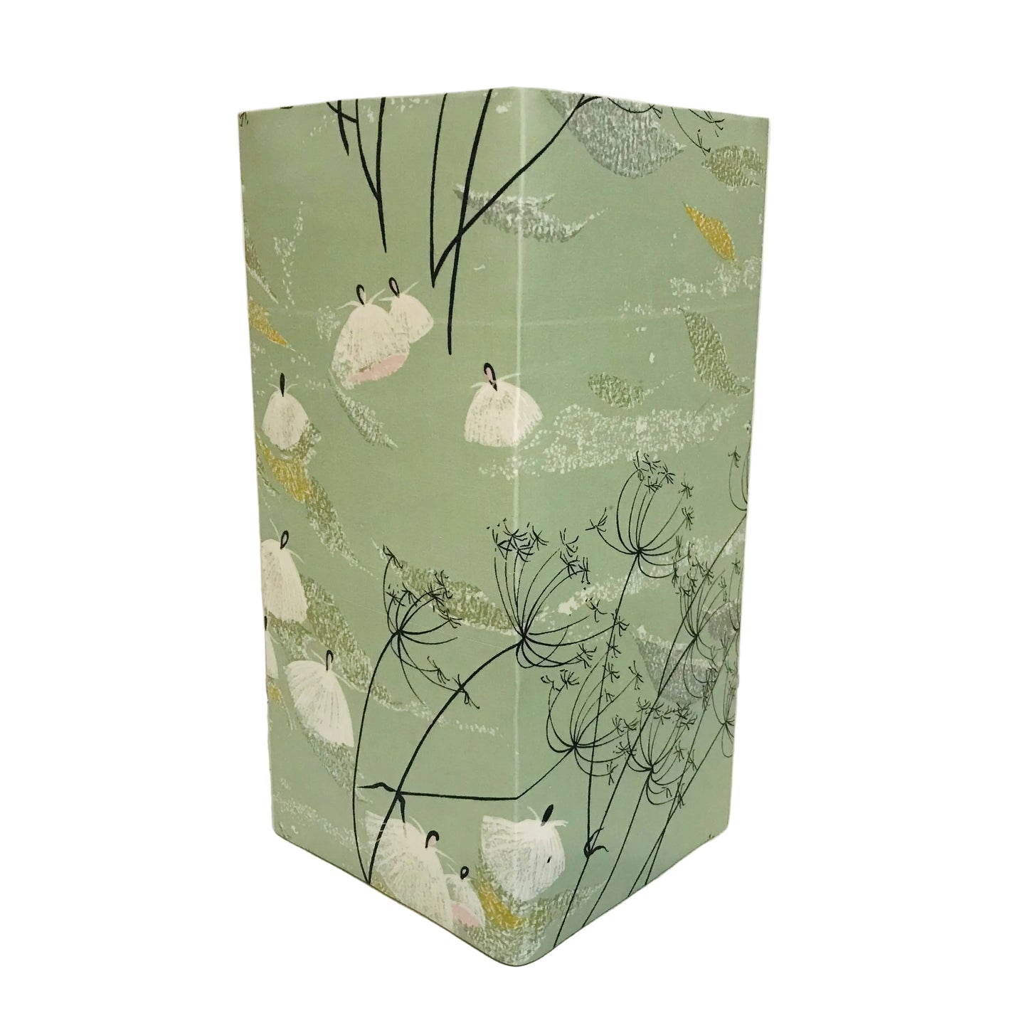 A tall rectangular lampshade with a sage green background and a botanical pattern featuring black wildflower silhouettes, white and pale pink flowers, and small gold leaf accents.