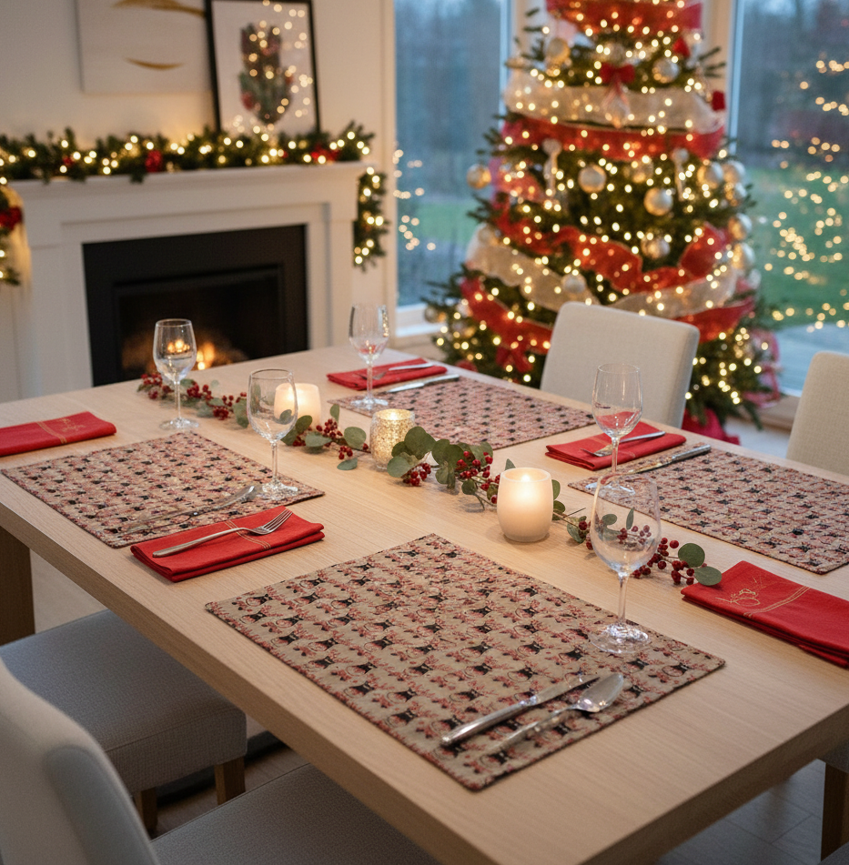 Reversible Christmas Placemats - Reindeers with Red on Reverse (set of 4)