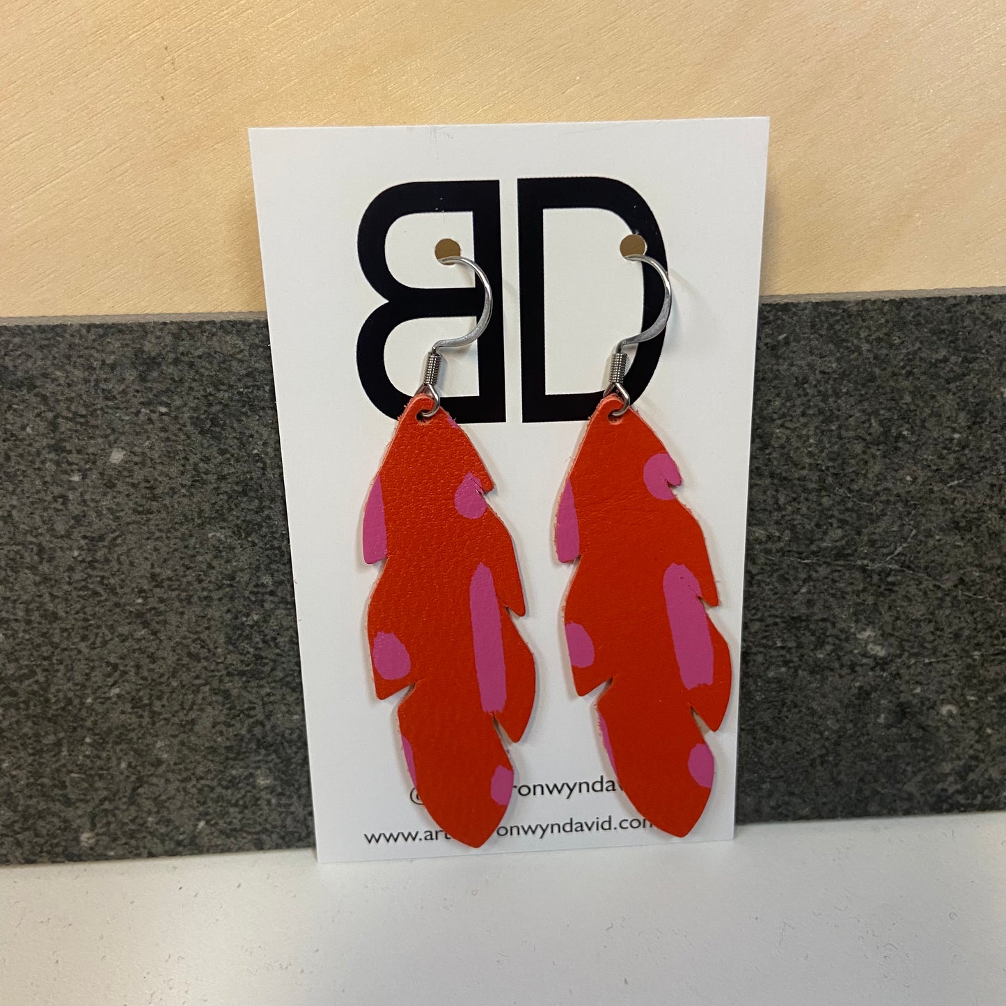 Handmade Painted Leather Earrings - The Feather