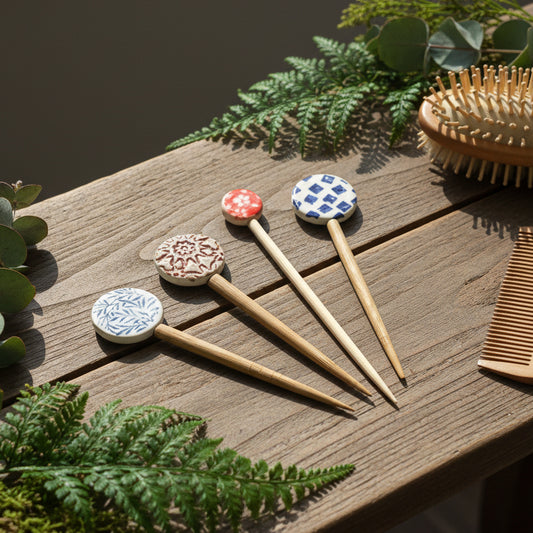 Handpainted Ceramic & Bamboo Hair Pins