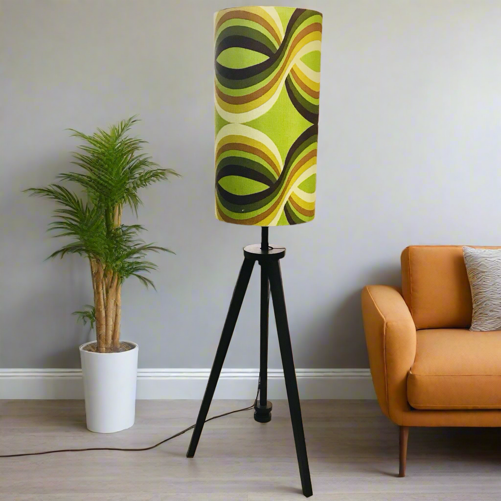 Vintage Mid Century Shade on Adjustable height Dark Timber Tripod Floor Lamp