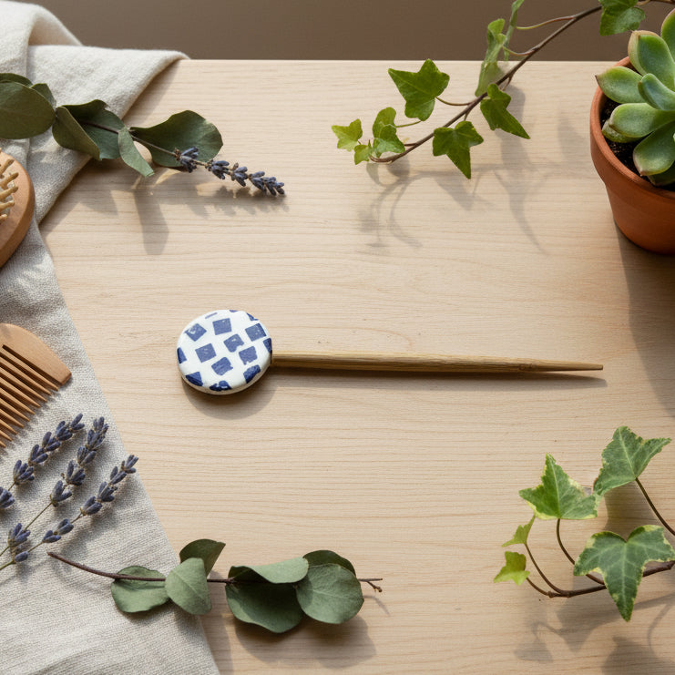 Handpainted Ceramic & Bamboo Hair Pins