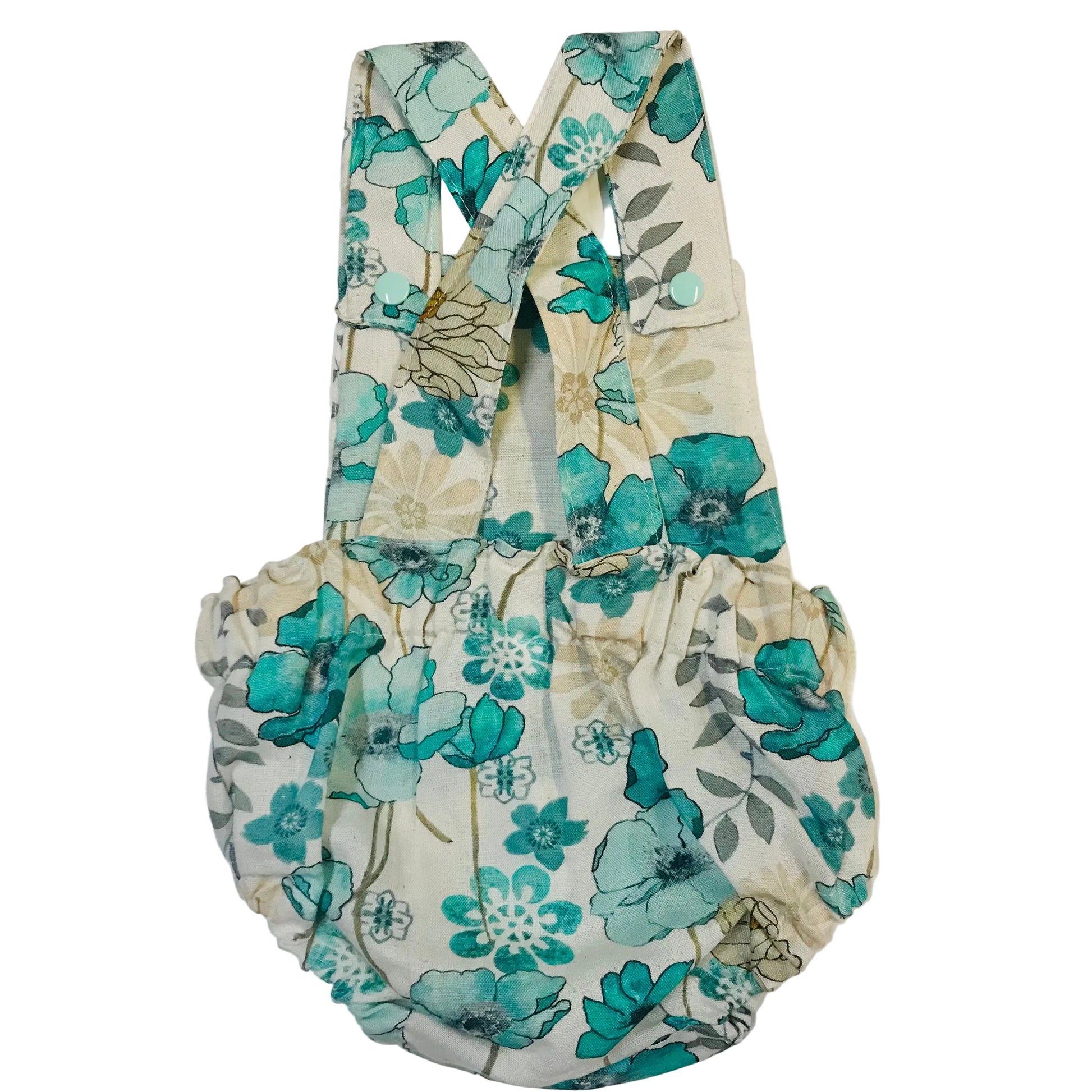 Floral-patterned baby romper on a white background