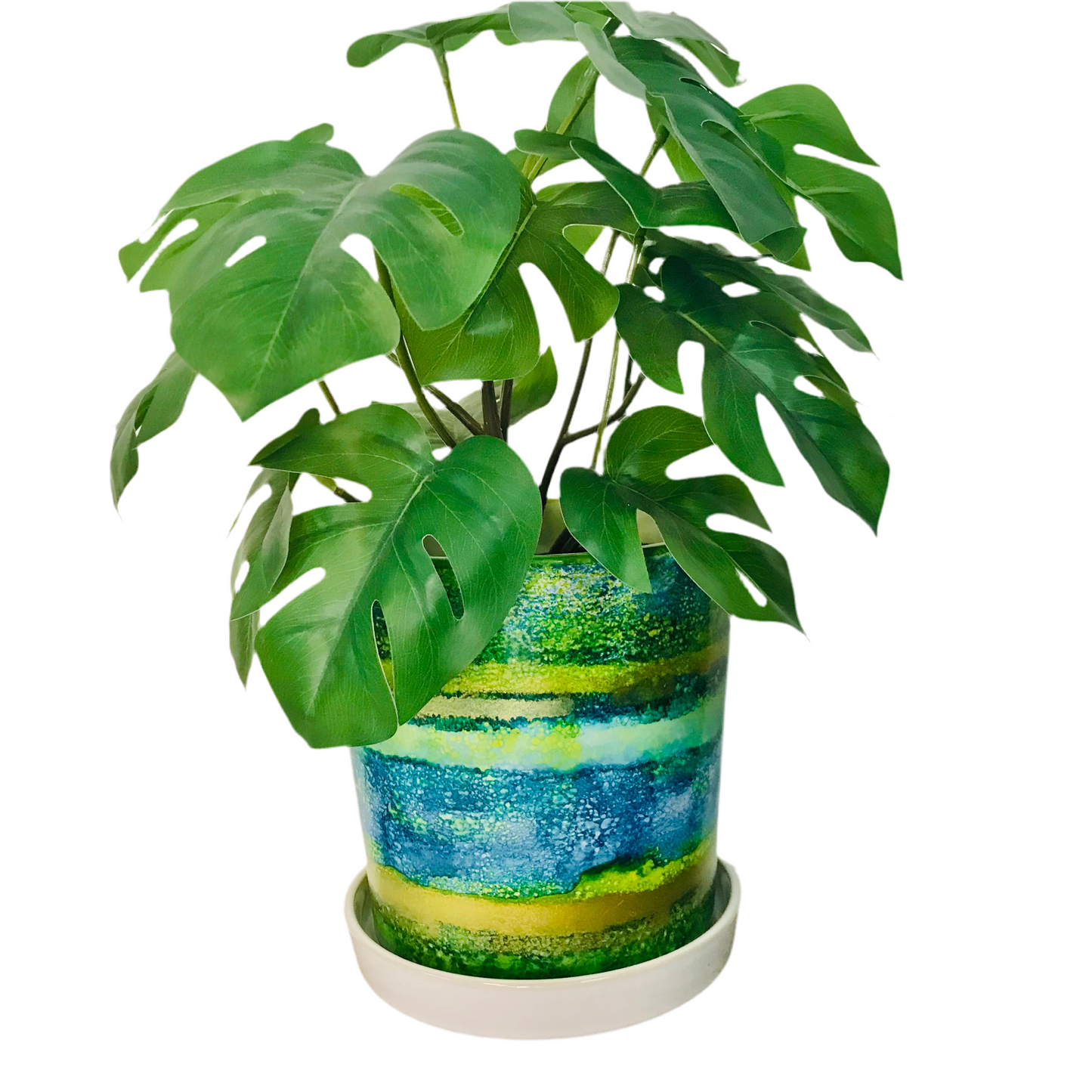 Alcohol Ink planter pot with tray - Sea Mist