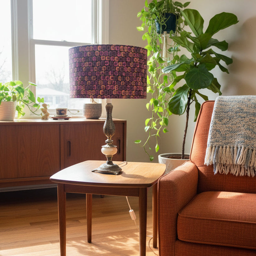 Living room with orange sofa, wooden side table, and decorative lamp.