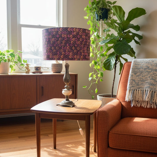 Living room with orange sofa, wooden side table, and decorative lamp.
