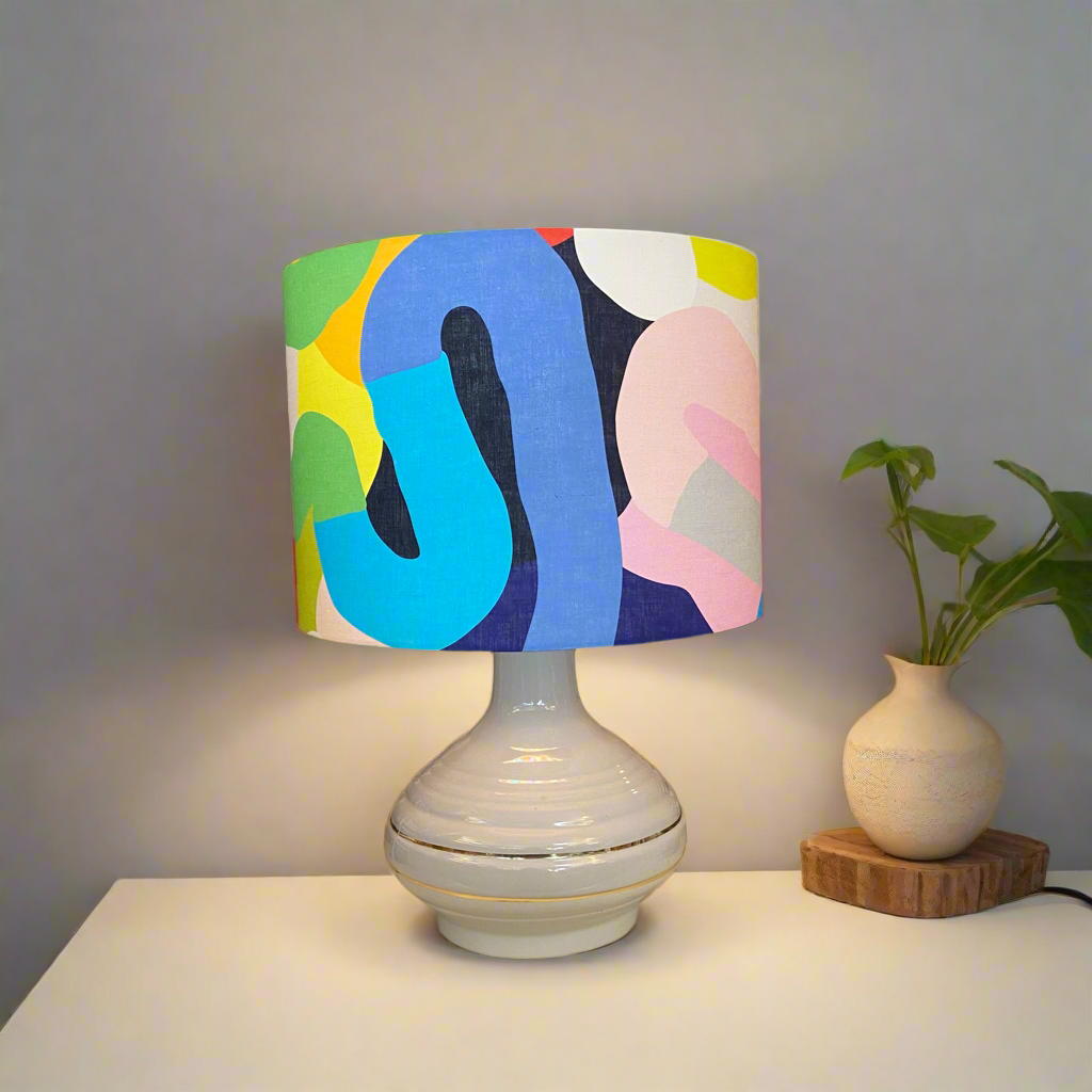 Mid Century Grey Ceramic Table Lamp with Colourful Abstract Shade