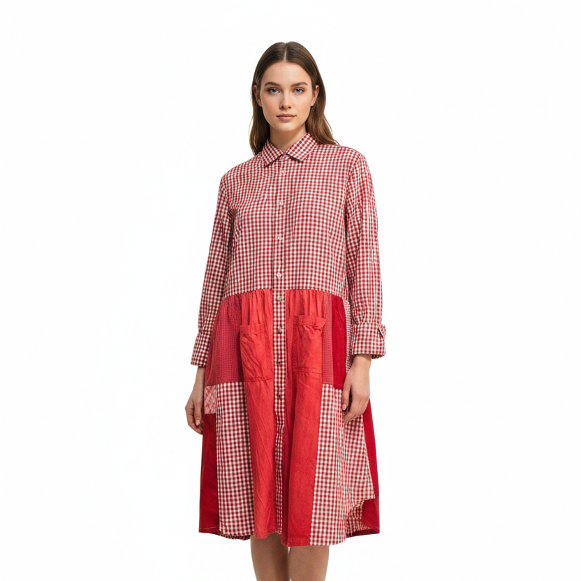 Woman wearing a red and white checkered dress on a white background
