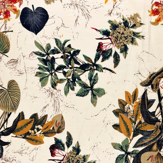 Pattern of tropical leaves and flowers on a textured beige background