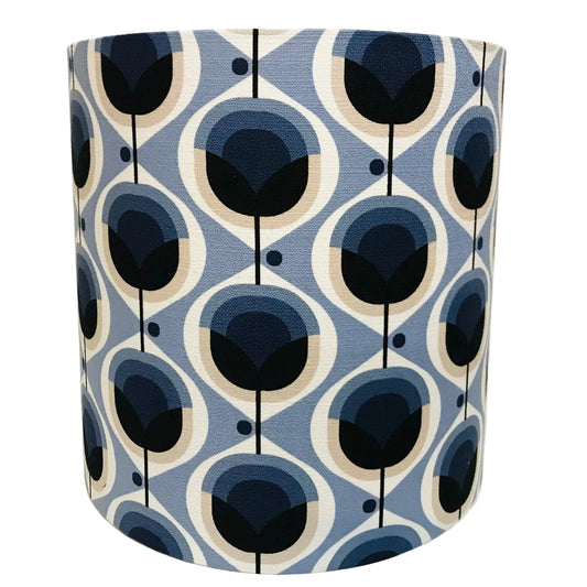 Extra Tall Chrome Geo Blue Flower Barkcloth Table Lamp
