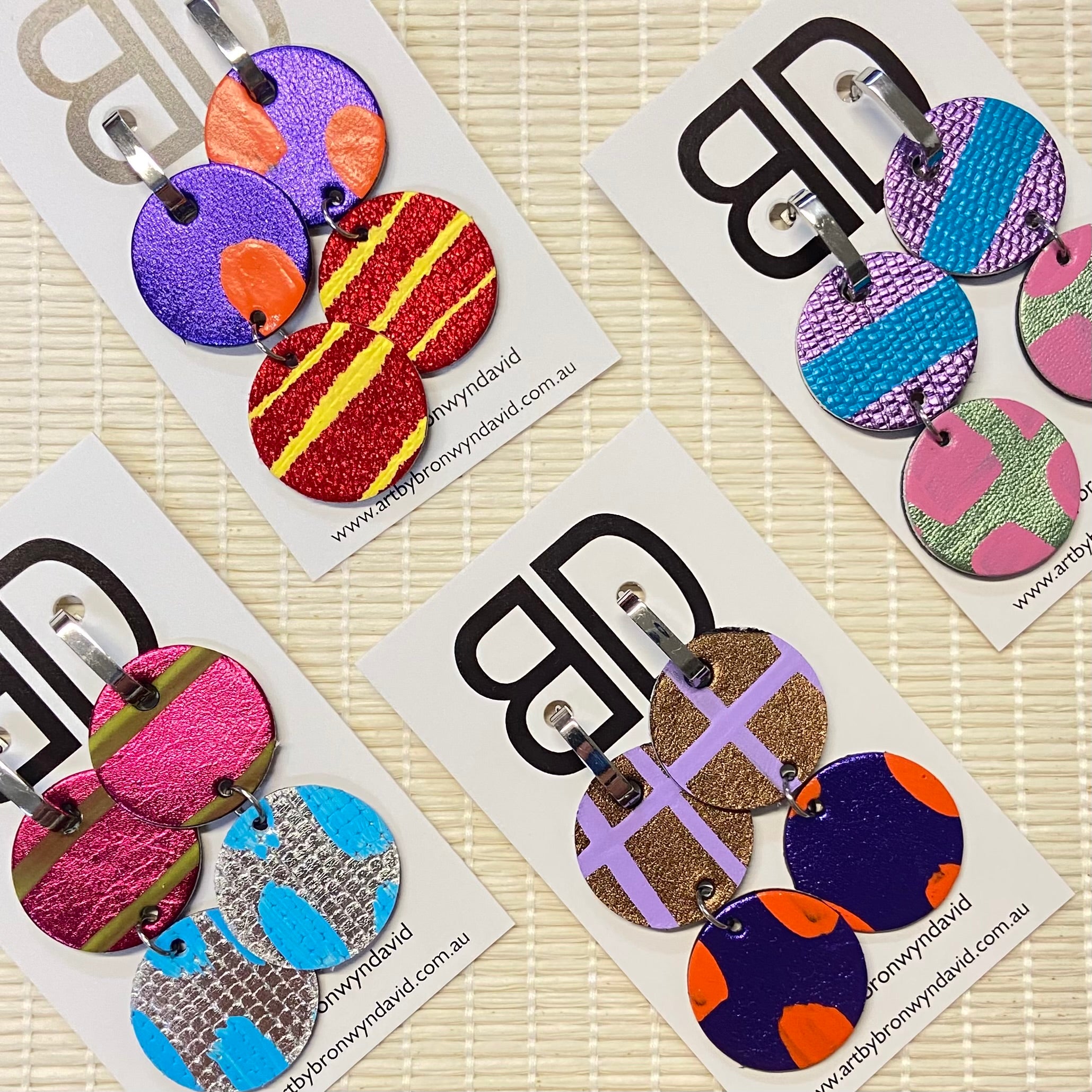Hand painted leather bold statement earrings - Reversible Double Huggies (large)