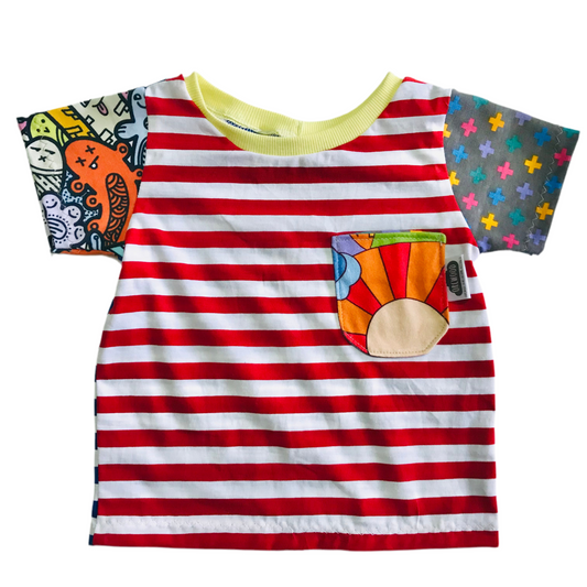 Kids Multi Print Handmade T-Shirt - Red Stripe Front