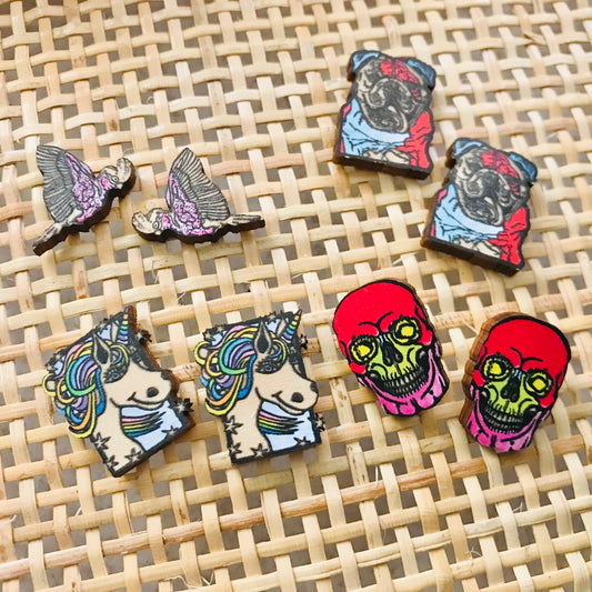 Original Art Printed Timber Earrings - studs