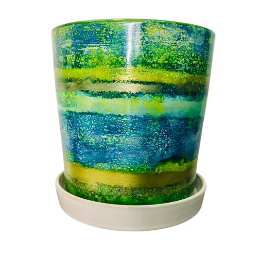 Alcohol Ink planter pot with tray - Sea Mist
