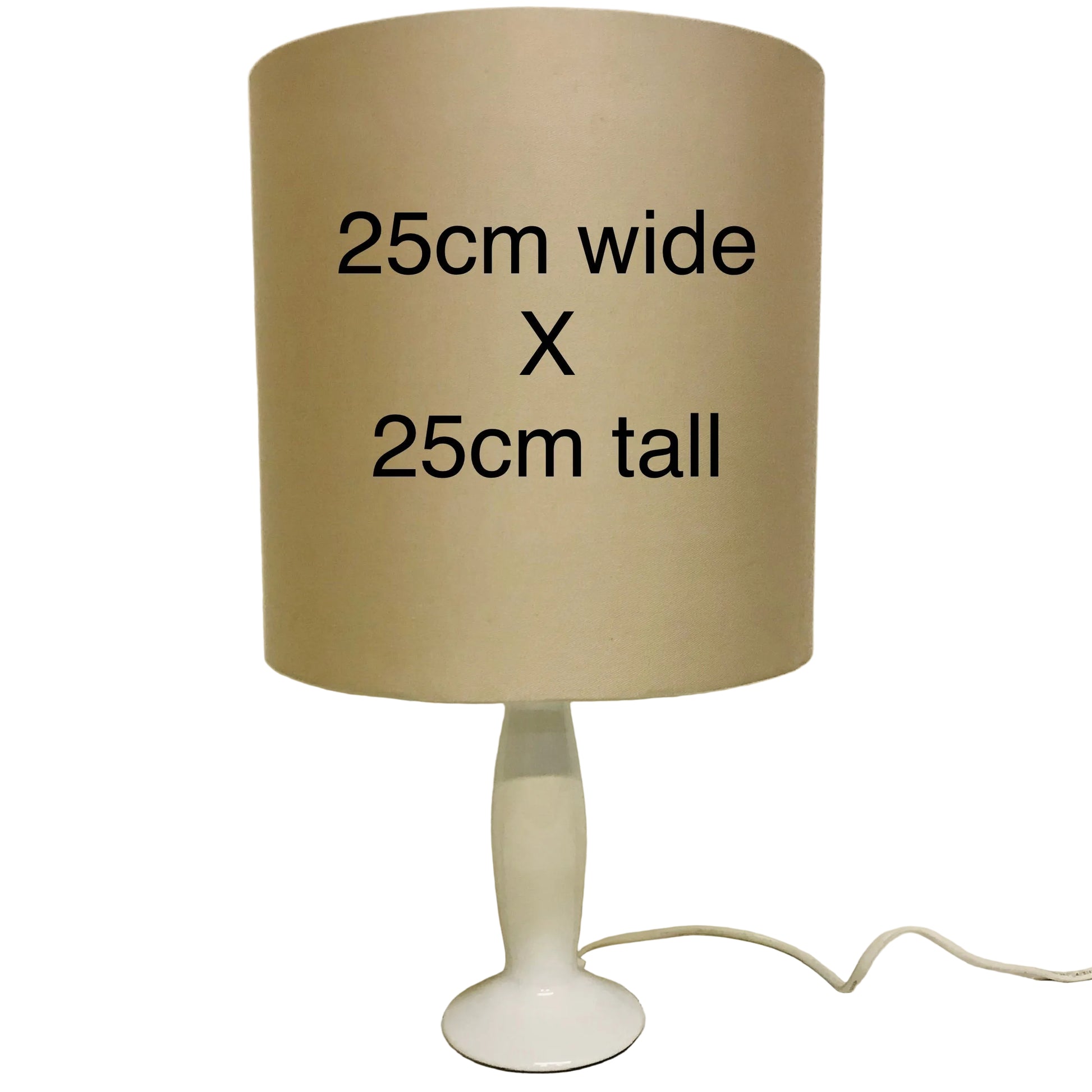 Beige lampshade with dimensions '25cm wide X 25cm tall' on a plain background