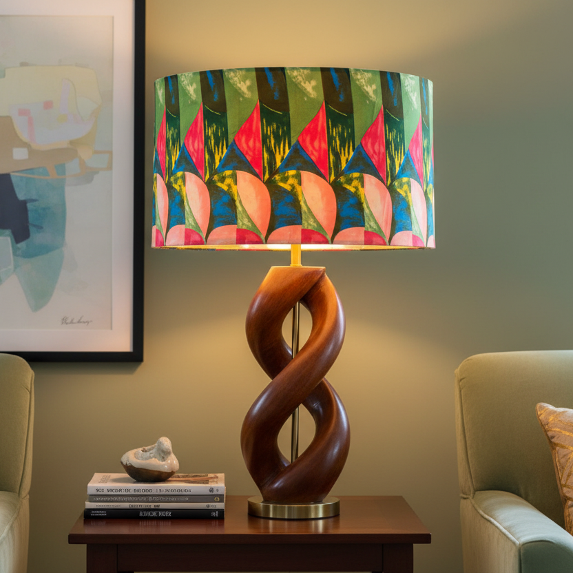 Decorative lamp with a colorful shade on a table in a living room setting.