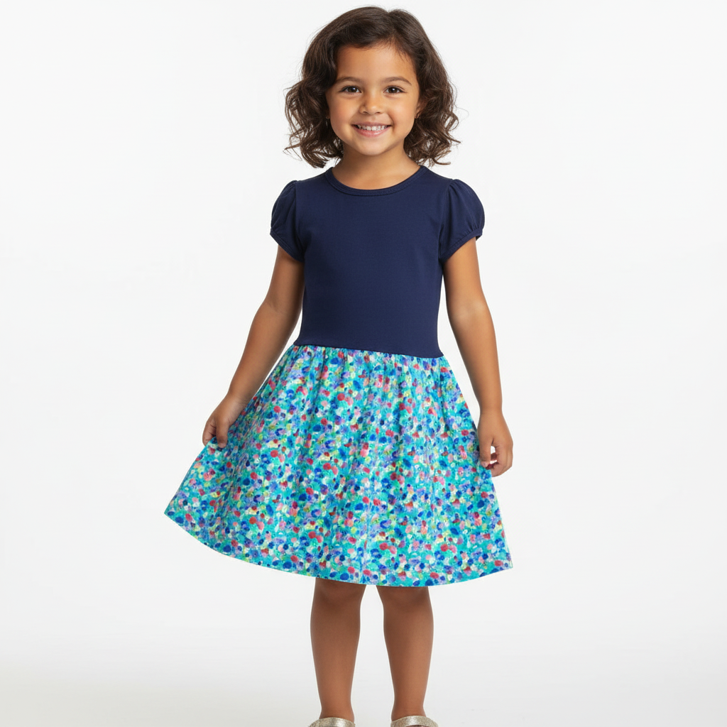 Short Sleeve Winnie Dress - NAVY WITH SPOTS
