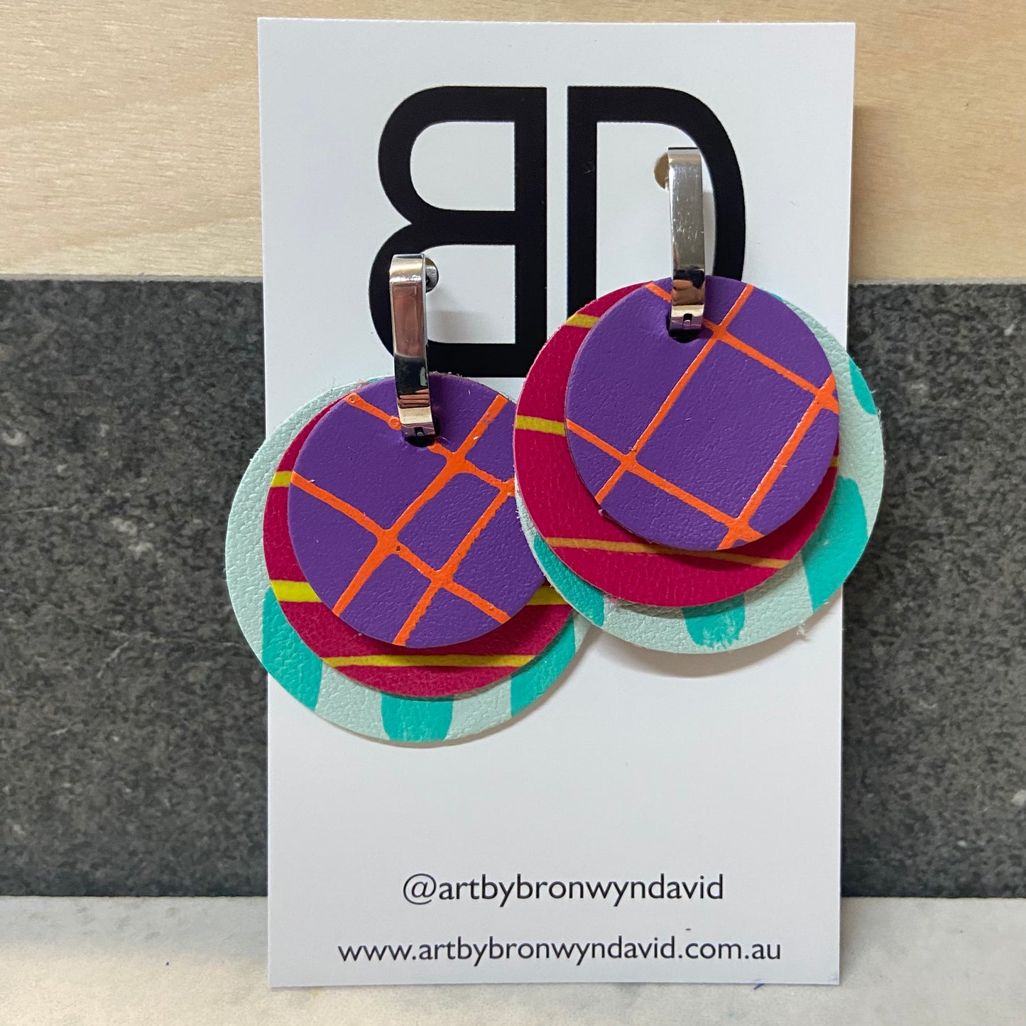 Hand painted leather bold statement earrings - Interchangeable Huggies