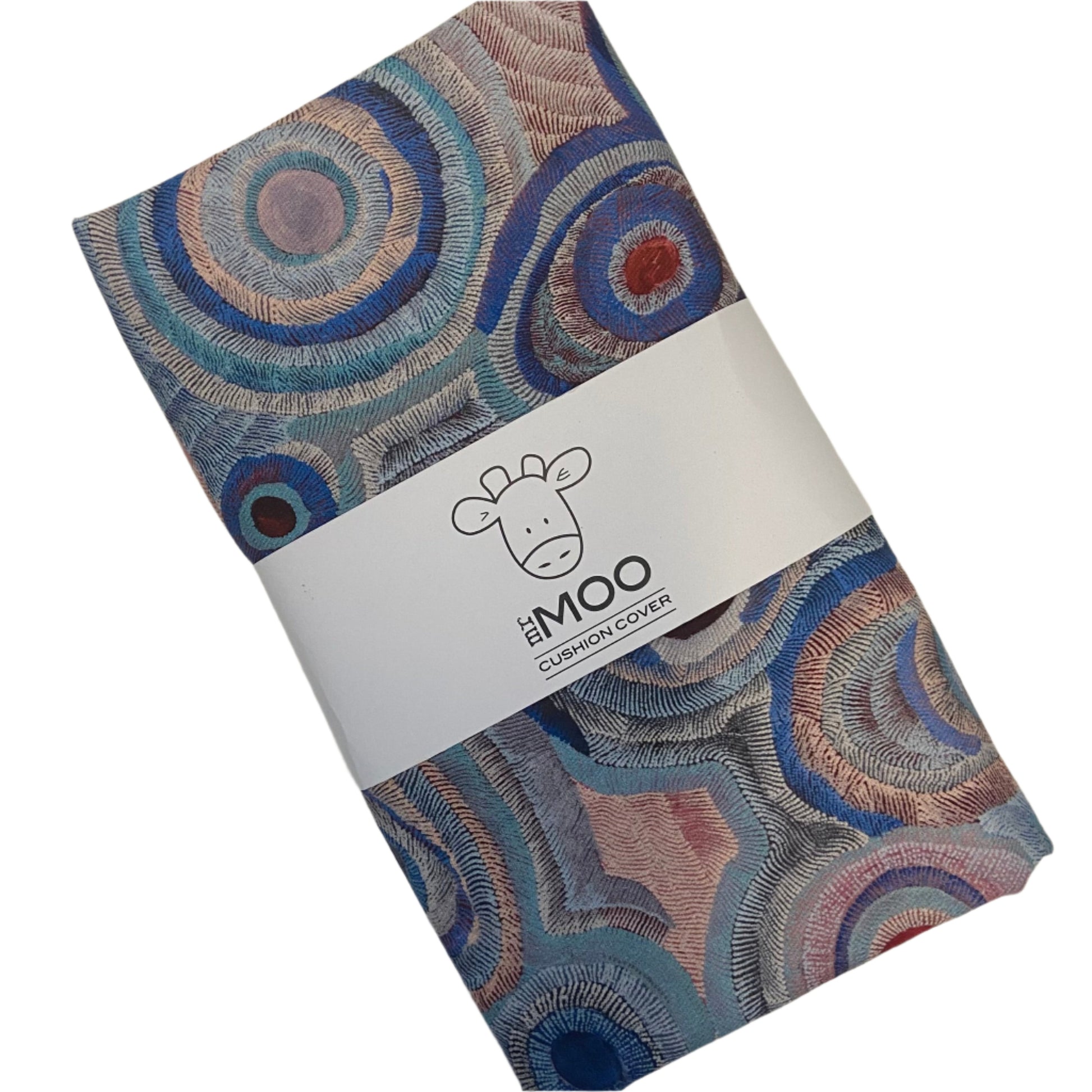Patterned cushion cover with 'MOO' branding on a white background