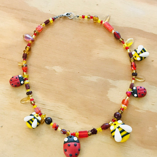 Handmade Polymer Clay & Glass Bead Necklace - BEES & LADYBUGS