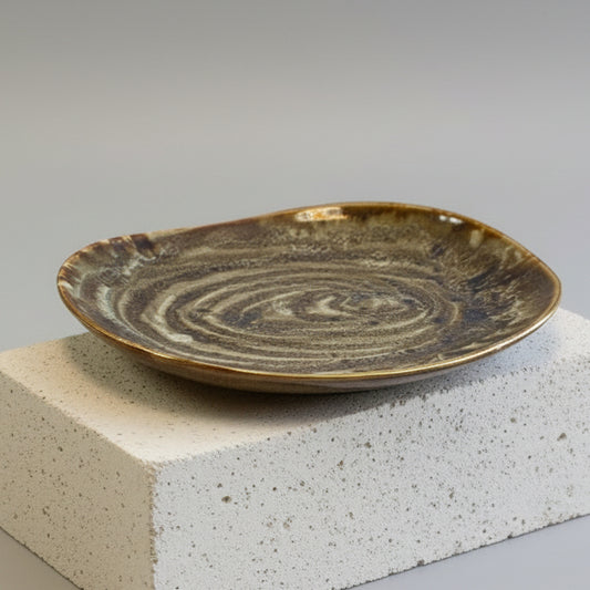 Handcrafted Pottery SAP Plate - Brown & Yellow Swirl