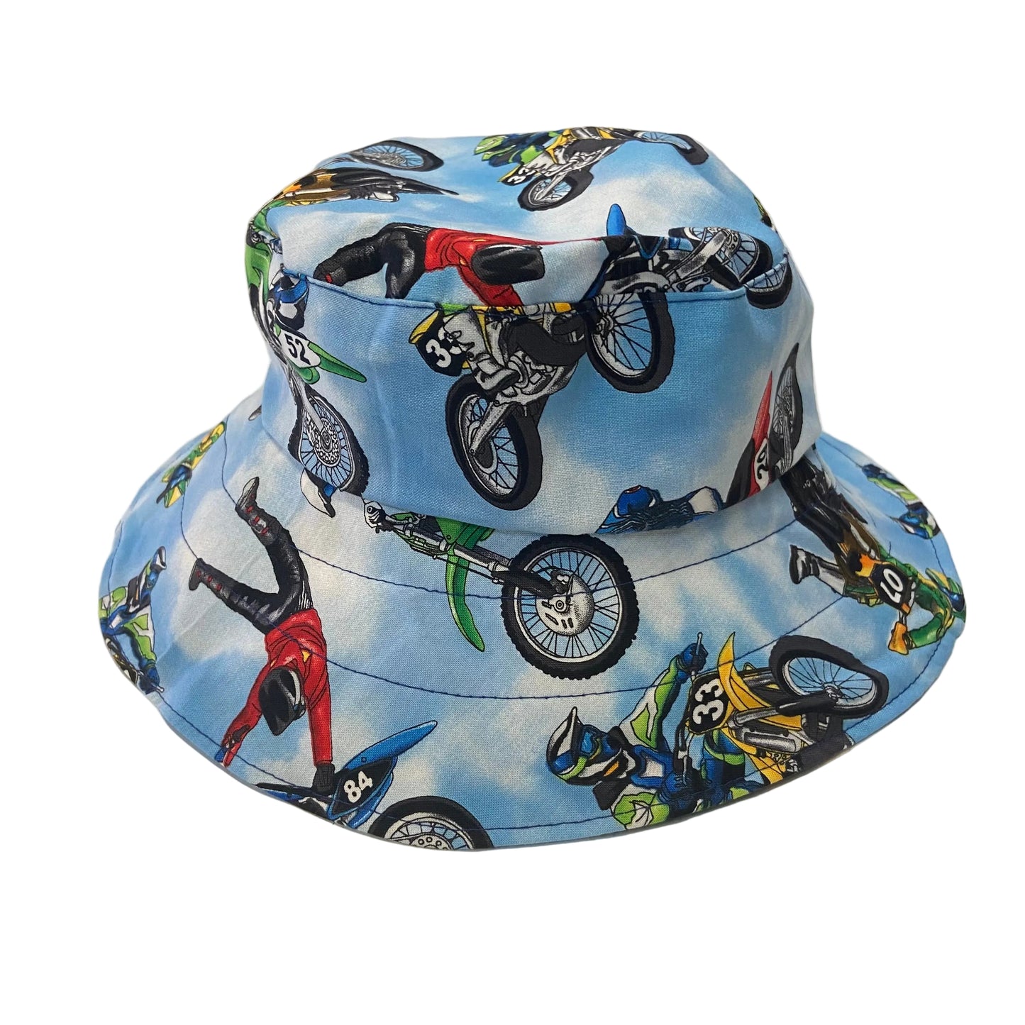 Bucket hat with motocross design on a white surface