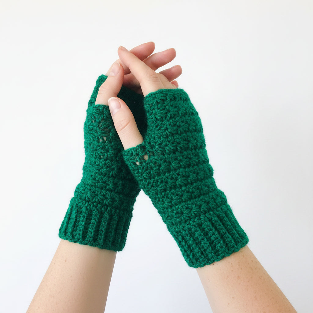 A pair of green crocheted fingerless gloves