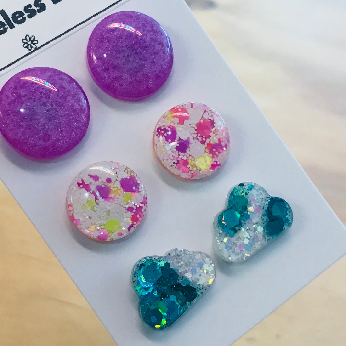 Novelty Resin Sparkle Stud Earrings - triple pack