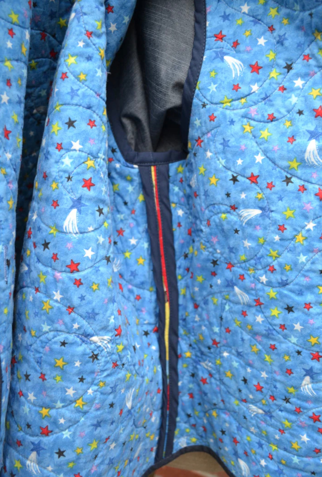 Close-up of the inside of the blue quilted jacket with star pattern 