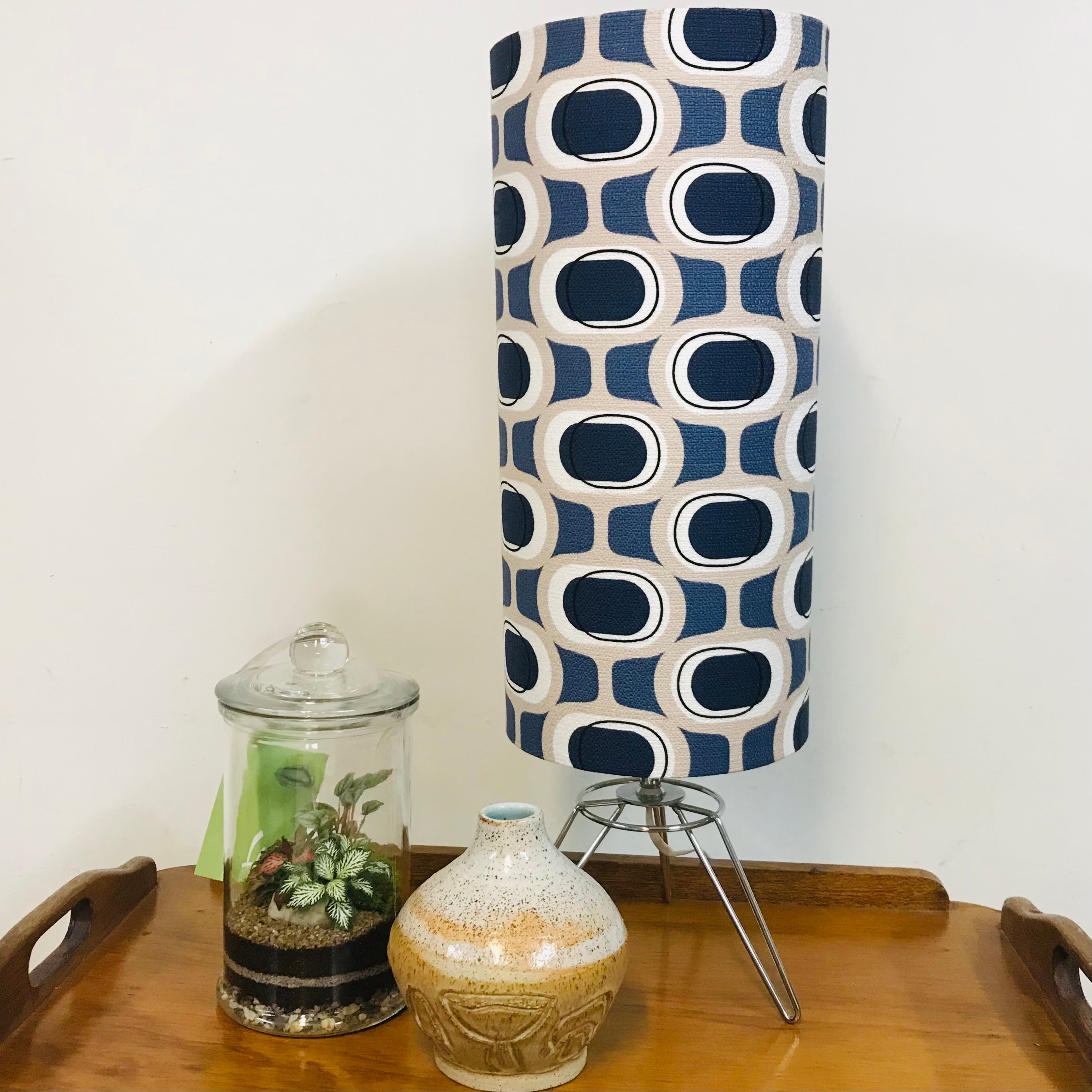 Barkcloth Blue Orb Rocket Column Lamp