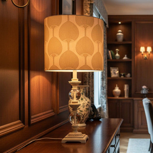 Table lamp with patterned beige shade