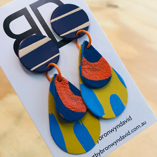 Hand painted leather bold statement earrings - The Saturn