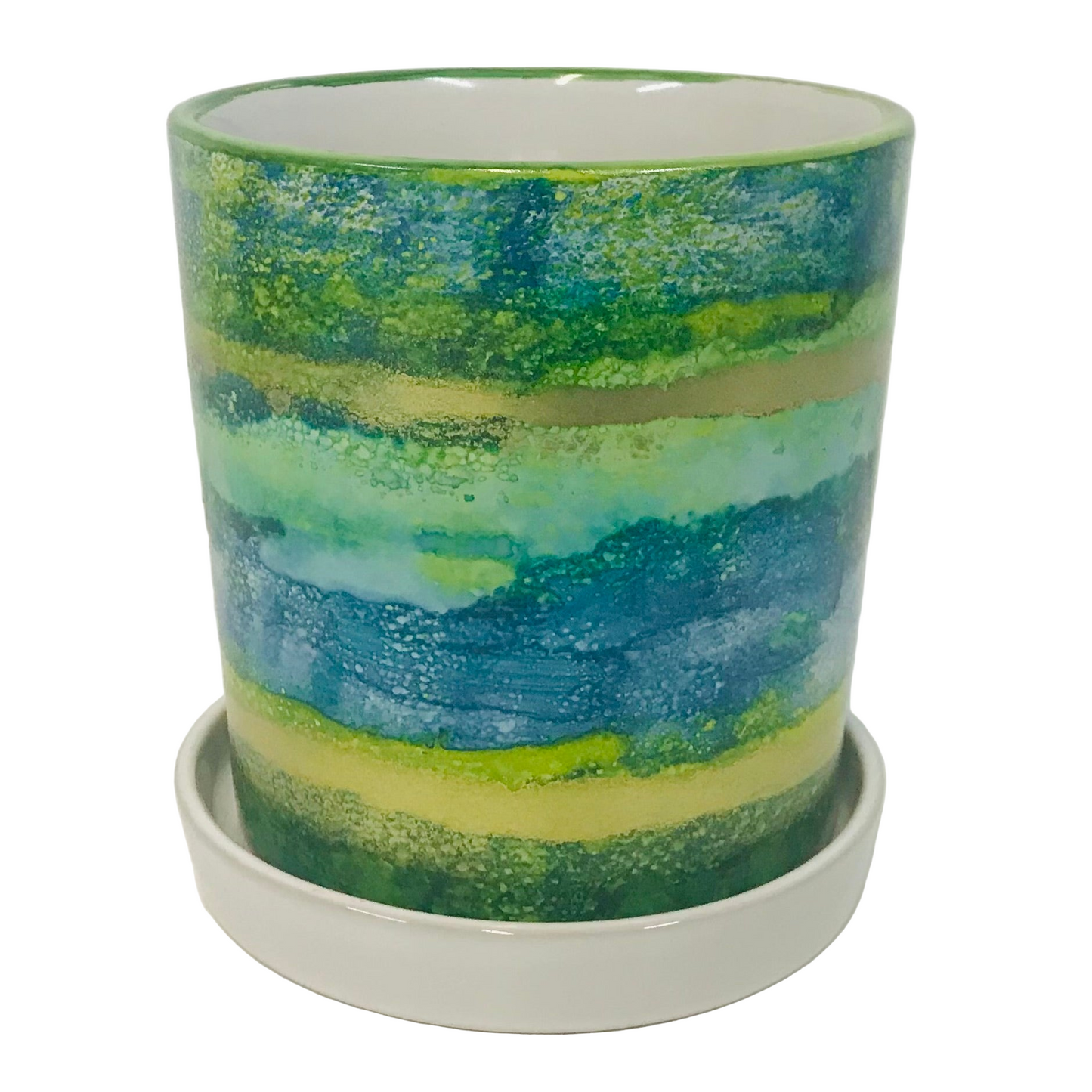 Alcohol Ink planter pot with tray - Limelight