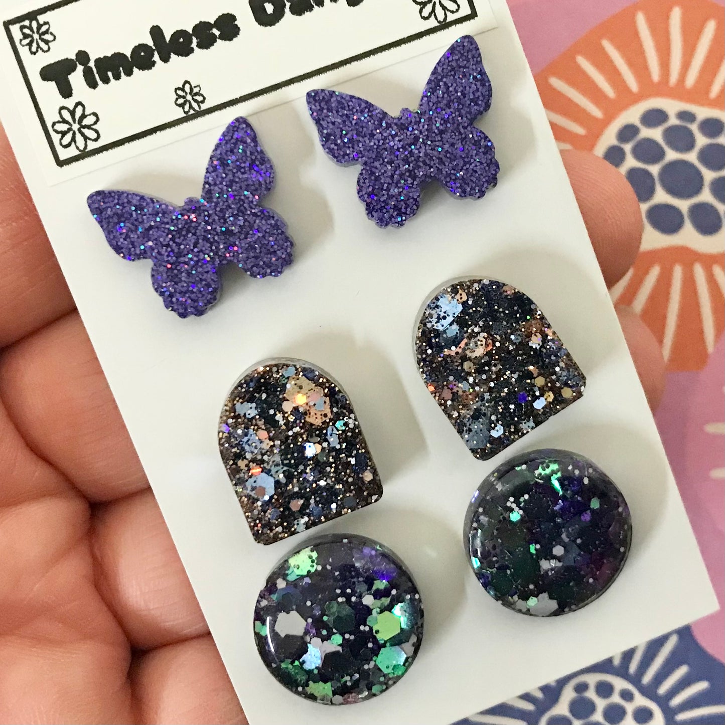 Novelty Resin Sparkle Stud Earrings - triple pack