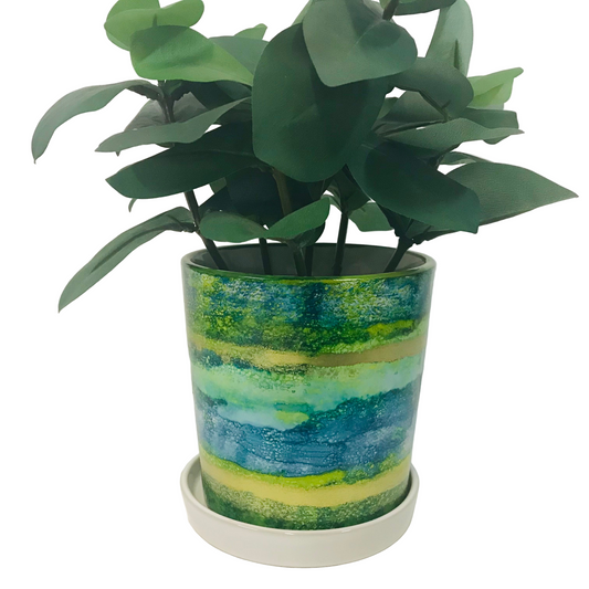 Alcohol Ink planter pot with tray - Limelight