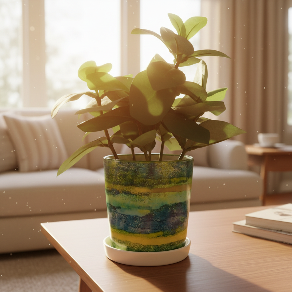 Alcohol Ink planter pot with tray - Limelight