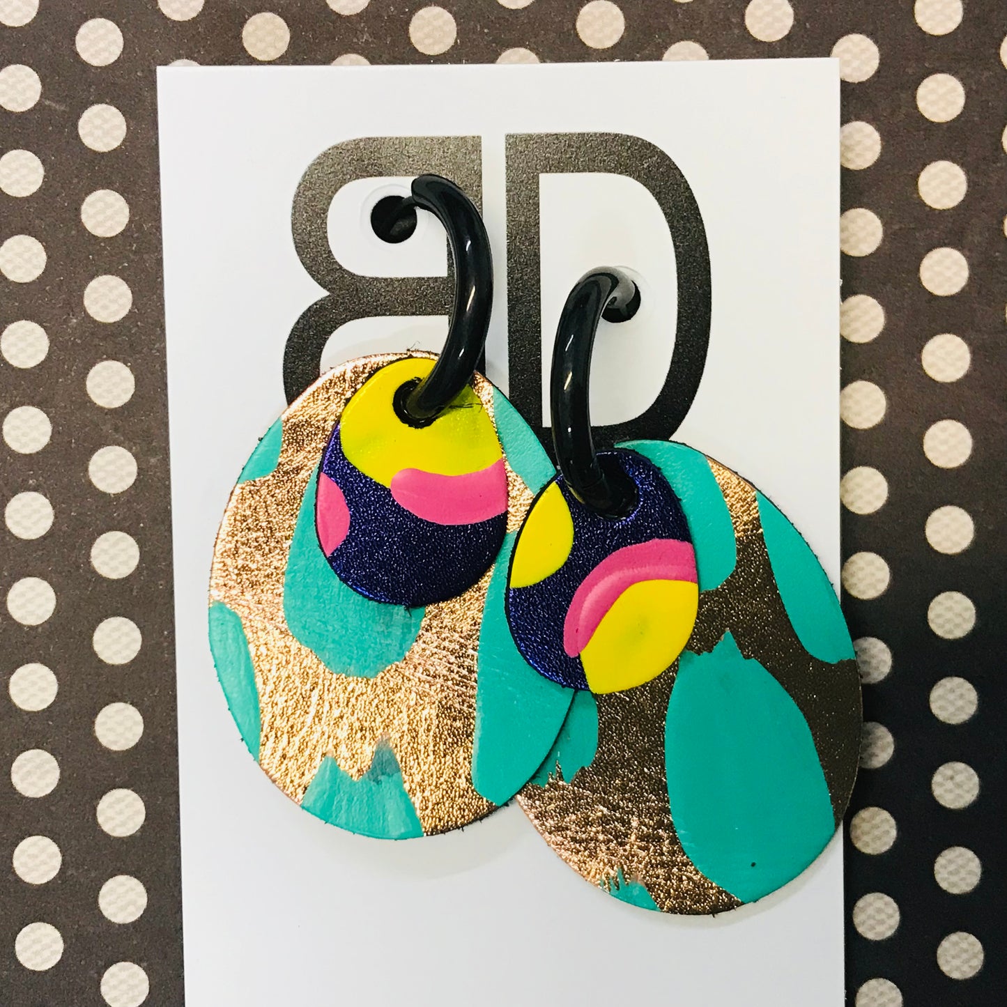 Hand painted leather bold statement earrings - Interchangeable Huggies