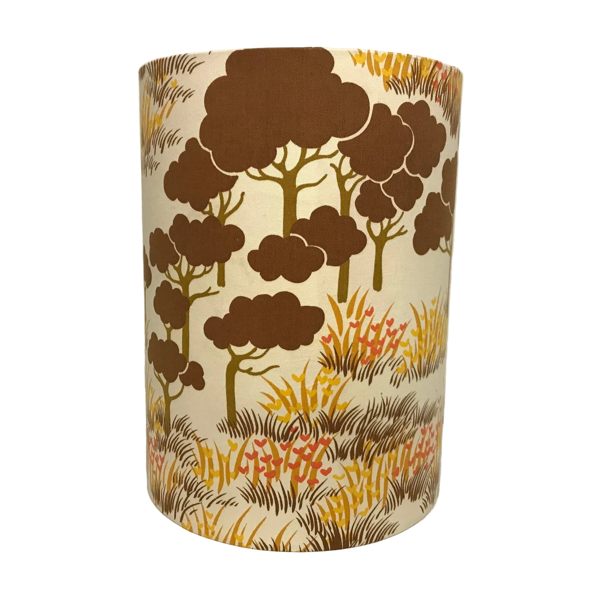 Cylindrical lampshade with a forest pattern on a white background
