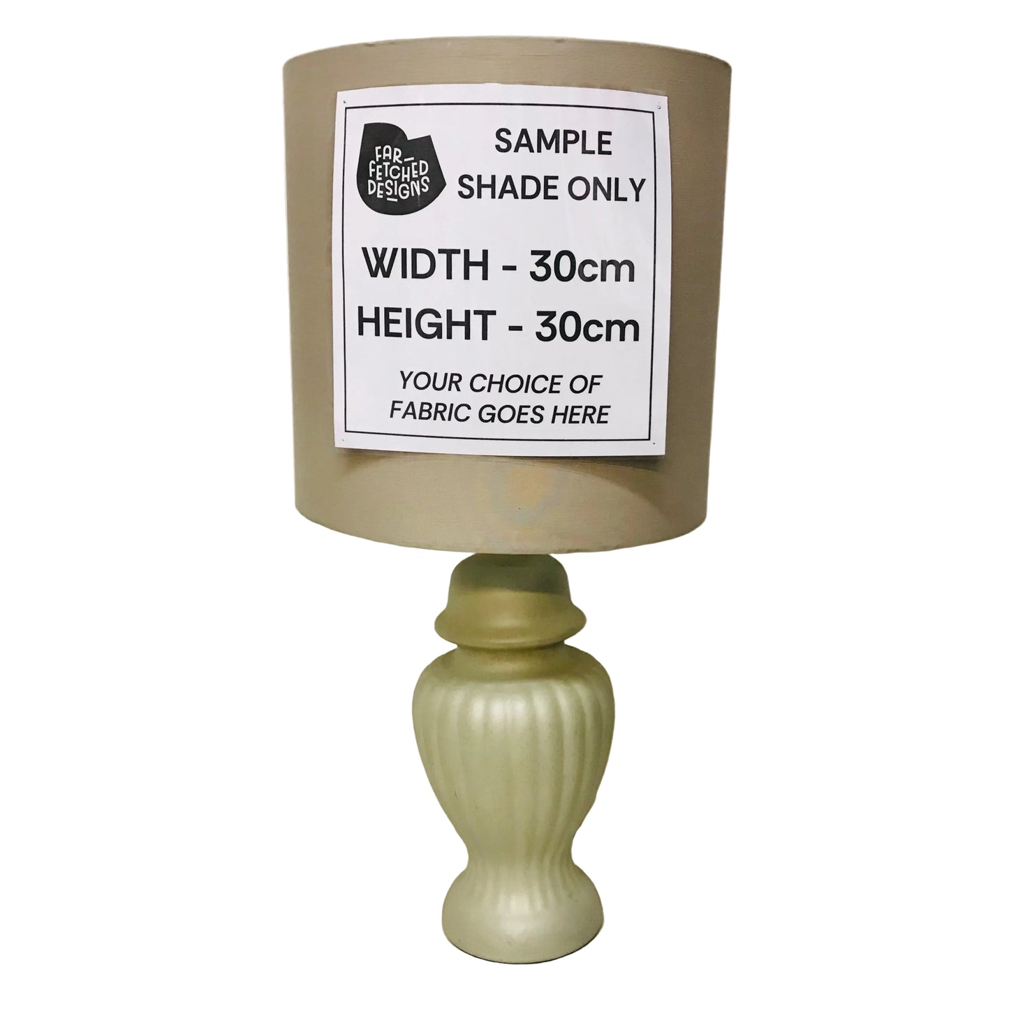 Lamp with a sample shade and label on a white background